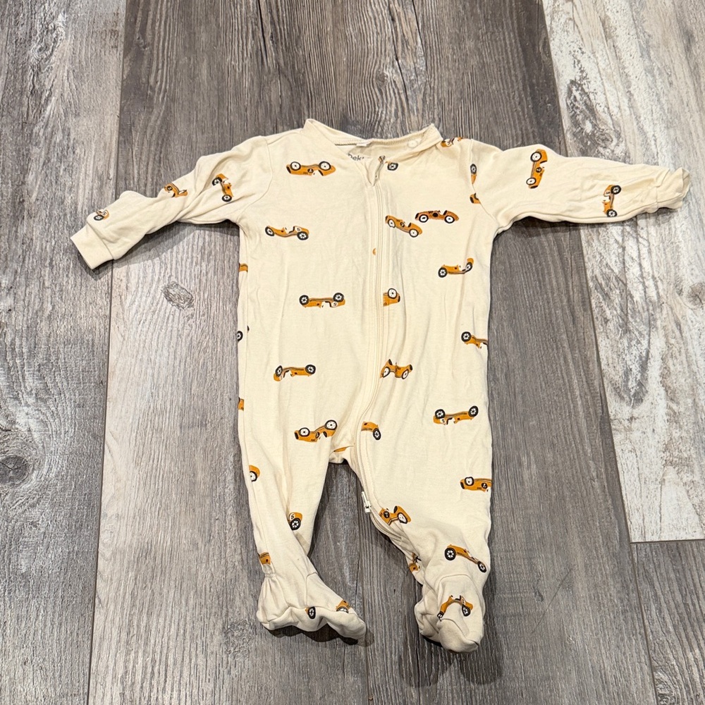 4/$25 Pekkle Cream Footed Baby One-Piece with Yellow Car Print